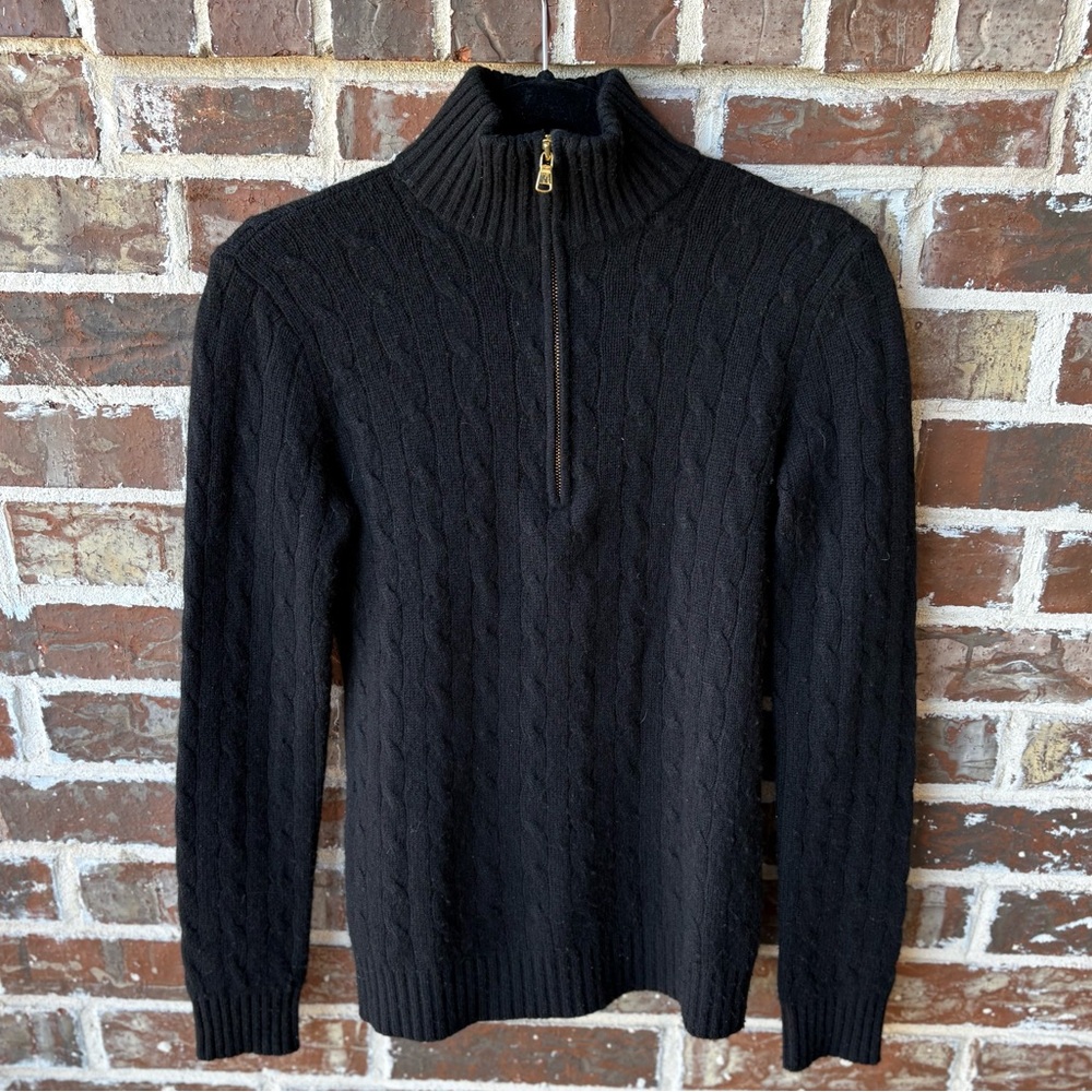 Ralph Lauren Cable Knit Quarter Zip Black 100% Cashmere Sweater Size Medium
